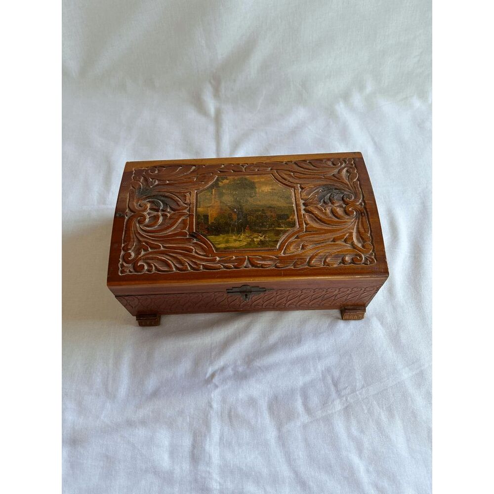 Vintage Carved Wooden Trinket/Jewlery Box with Mirror, Scroll Work